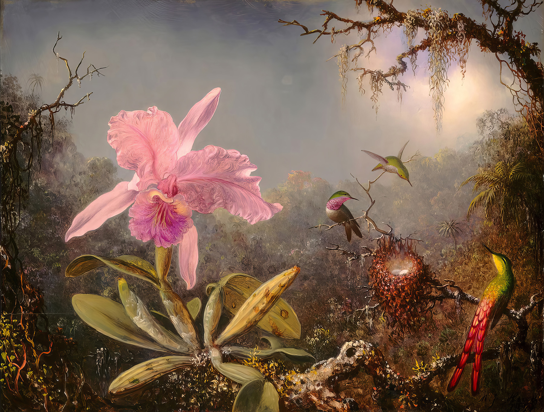 Cattleya Orchid and Three Hummingbirds - Martin Johnson Heade