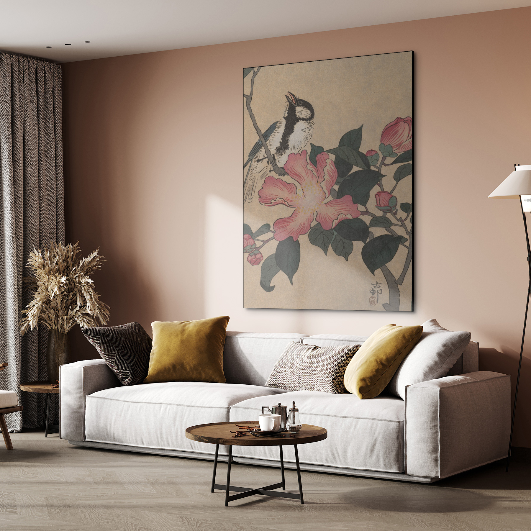 Koolmees op tak met roze bloemen - Ohara Koson - Rijksmuseum - Afbeelding 3