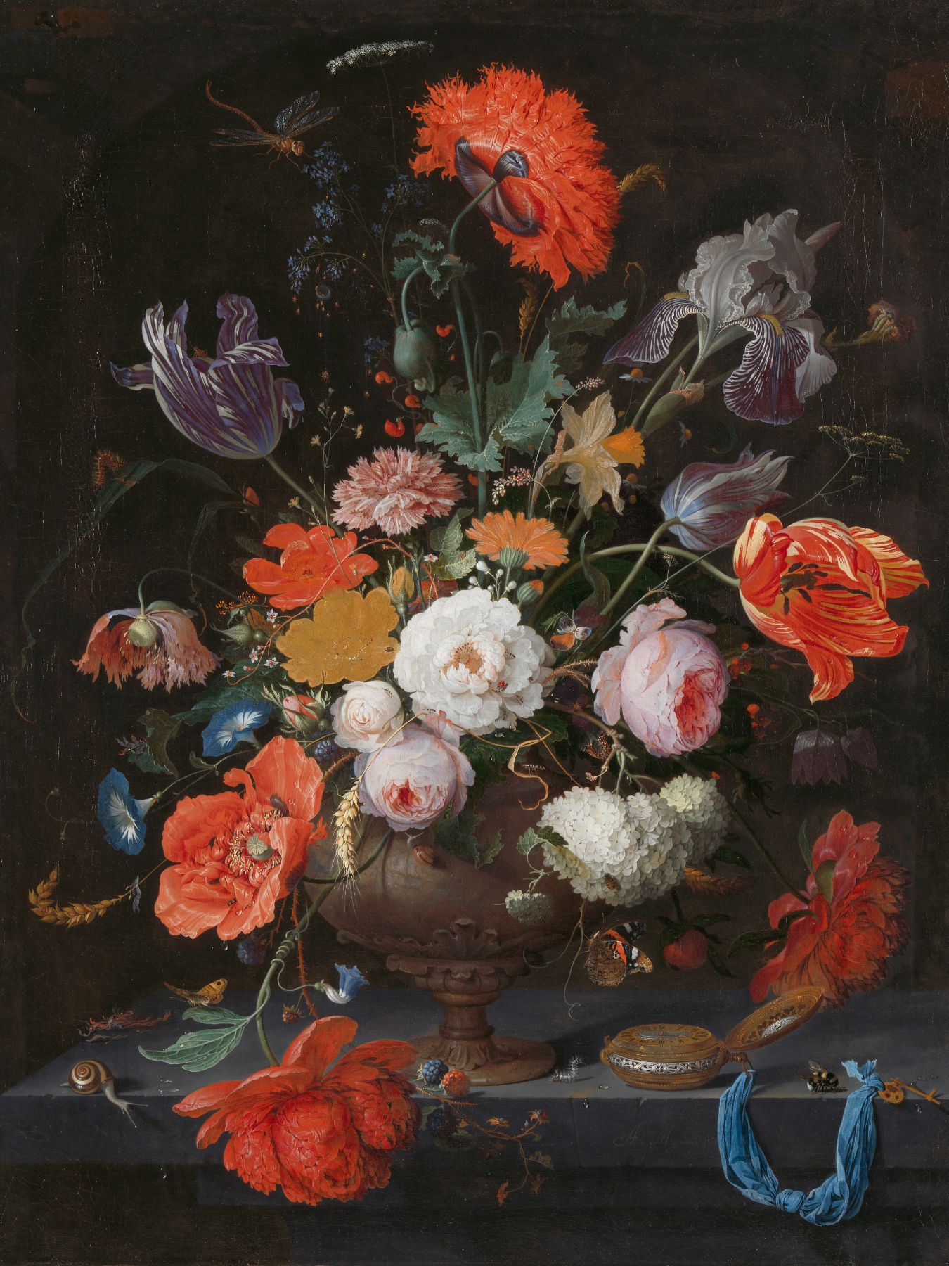 Stilleven met bloemen en een horloge, Abraham Mignon - Rijksmuseum