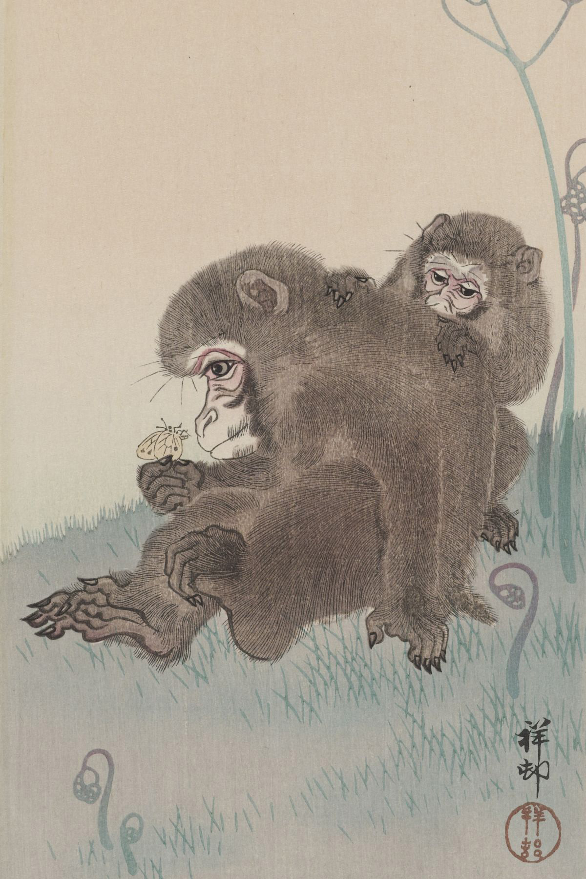 Twee apen met vlinder - Ohara Koson - Rijksmuseum
